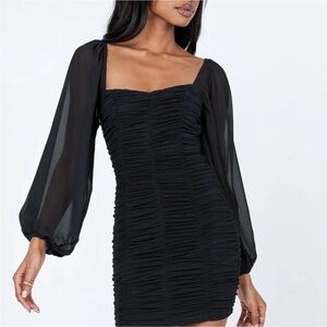 Princess Polly Black Ruched Square-Neck Mini Dress with Sheer Bishop Sleeves
